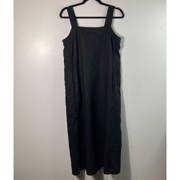Womens Eileen Fisher Organic Linen Square Neck Midi Dress Black XXS Pockets - Picture 1 of 10
